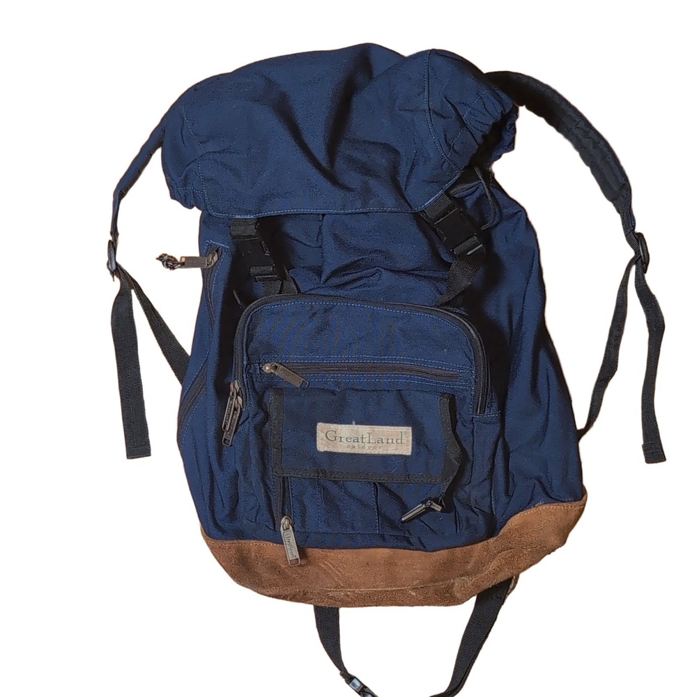 GreatLand Backpack Navy Blue Brown Suede Drawstring Buckle Zip Pockets